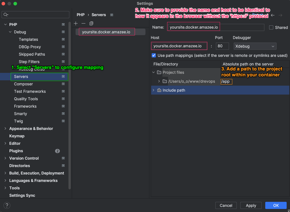 PhpStorm server settings with the path mapping to the project root within the container